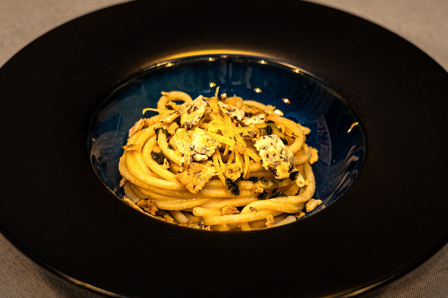 Lemon Spaghetti with Sea Lettuce & Red Loop Crumble