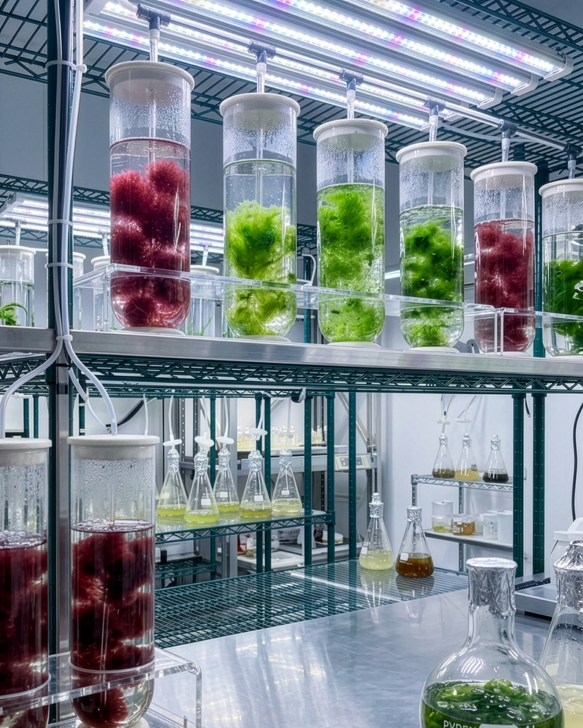 Seaweed hatchery — algae strains seeded on twine in controlled tanks